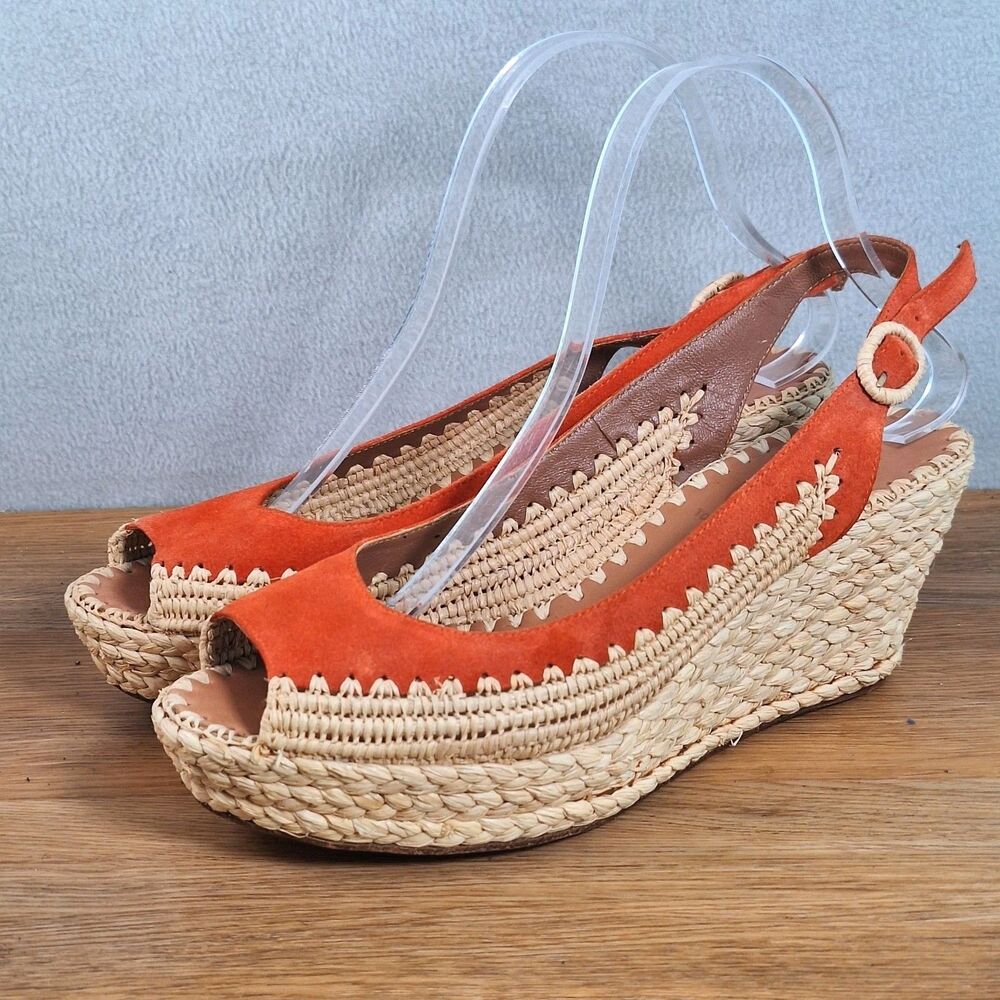 Tory Burch Espadrille Wedge Sandals Women's 9 Orange Jute Leather Platform Heels
